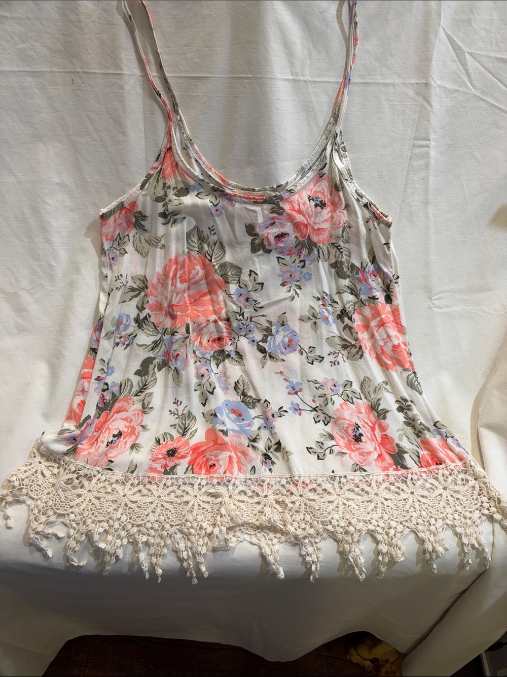 Floral Crochet-Hem Camisole in Coral and White 100% rayon